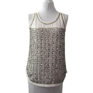 Olive & Oak Beaded Sequin Tank Top Blouse Womens XS White Chiffon Silver Sequin